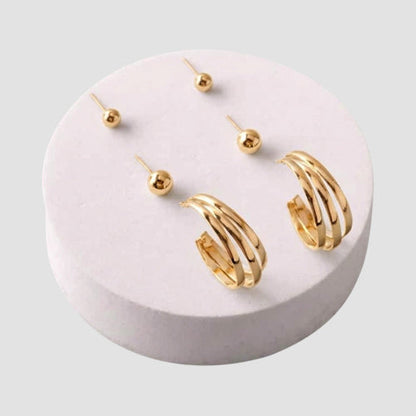 ER40033GS Triple Band Hoop Stud 3-Pair Earring Set in Gold