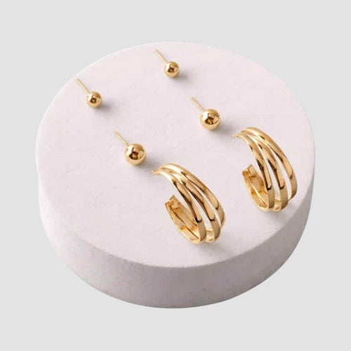 ER40033GS Triple Band Hoop Stud 3-Pair Earring Set in Gold