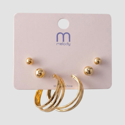 Triple Band Hoop Stud 3-Pair Earring Set in Gold