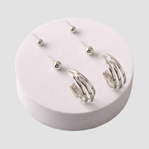 ER40033GS Triple Band Hoop Stud 3-Pair Earring Set in Silver