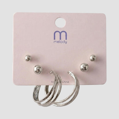 Triple Band Hoop Stud 3-Pair Earring Set in Silver