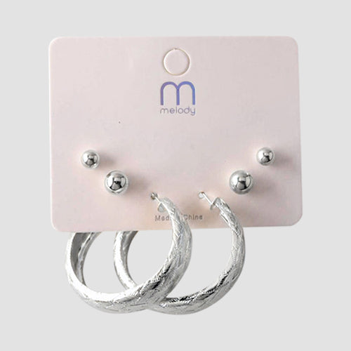 Etched Weave Hoop Stud 3-Pair Earring Set in Silver