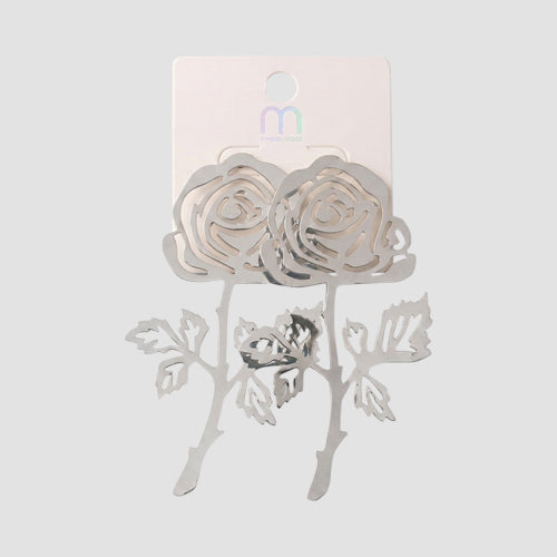 Long Stem Rose Oversize Earring in Silver