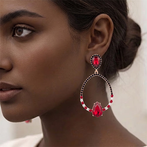 Tear Drop Triple Bridal Earrings in Gold/Red