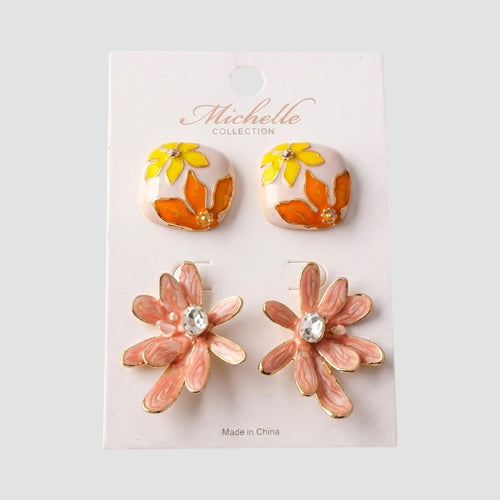 Flower 2-Pair Enamel Earring Set in Pink/Orange/Yellow