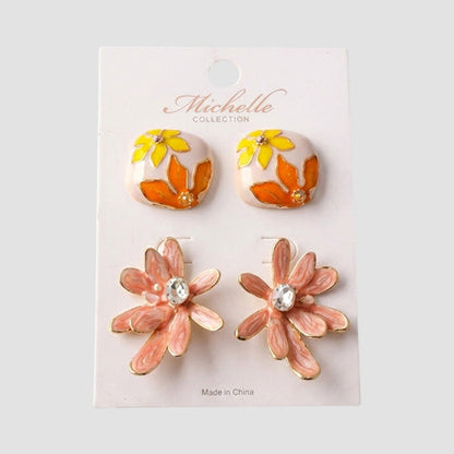 Flower 2-Pair Enamel Earring Set in Pink/Orange/Yellow