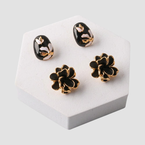 ERE3655 Dahlia 2-Pair Enamel Earring Set in Black/Gold/White