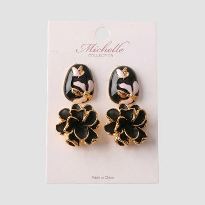 Dahlia 2-Pair Enamel Earring Set in Black/Gold/White