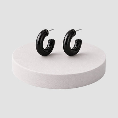 Small Chunky Marble Tube Hoop Earrings in Black