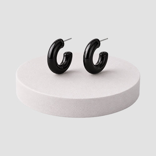 Small Chunky Marble Tube Hoop Earrings in Black