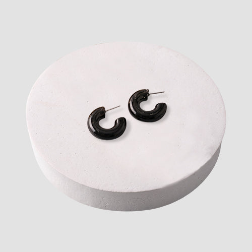 Small Chunky Marble Tube Hoop Earrings in Black