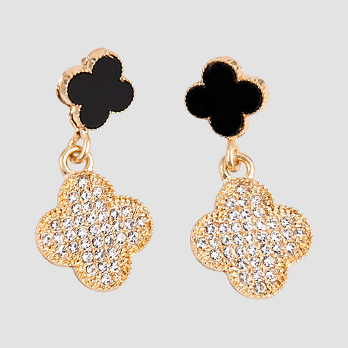 Quatrefoil Link Rhinestone Drop Earrings in Gold/Black