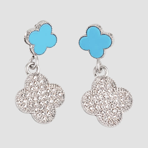 Quatrefoil Link Rhinestone Drop Earrings in Silver/Blue