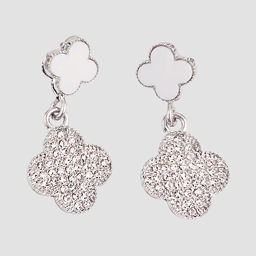 Quatrefoil Link Rhinestone Drop Earrings in Silver/White