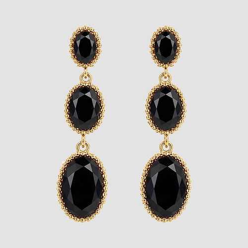 Triple Oval Stone Drop Earrings in Black