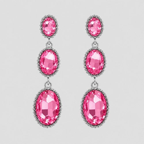Triple Oval Stone Drop Earrings in Pink