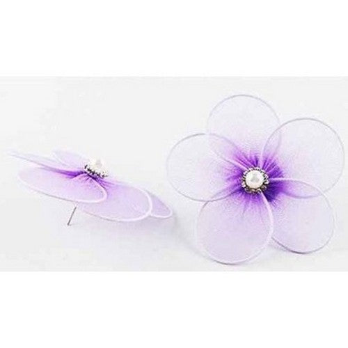 PKE6056 Pearl Center Mesh Petal Floral Earrings in Blue
