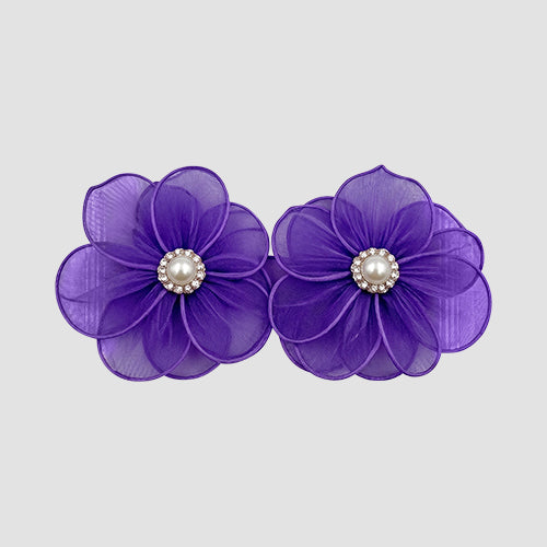 Pearl Center Mesh Petal Floral Earrings in Purple