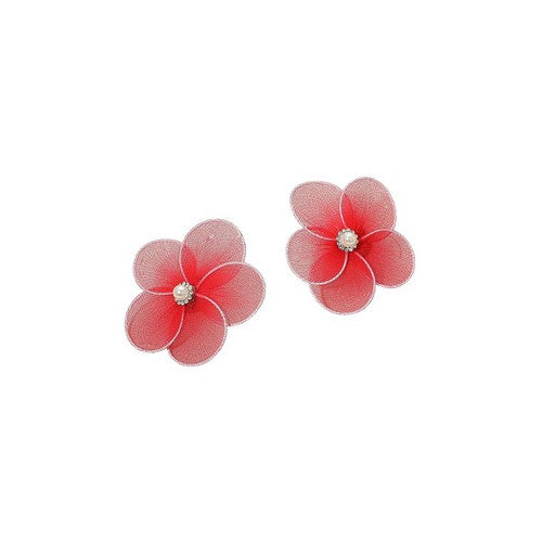 Pearl Center Mesh Petal Floral Earrings in Red