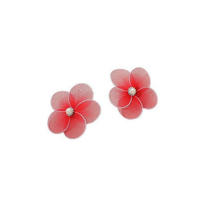Pearl Center Mesh Petal Floral Earrings in Red