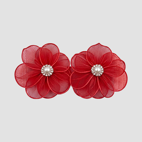 Pearl Center Mesh Petal Floral Earrings in Red