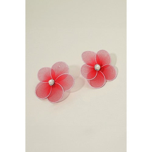 PKE6056 Pearl Center Mesh Petal Floral Earrings in Red