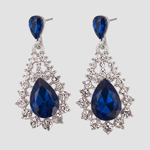 Teardrop Cluster Drop Earrings in Silver/Blue