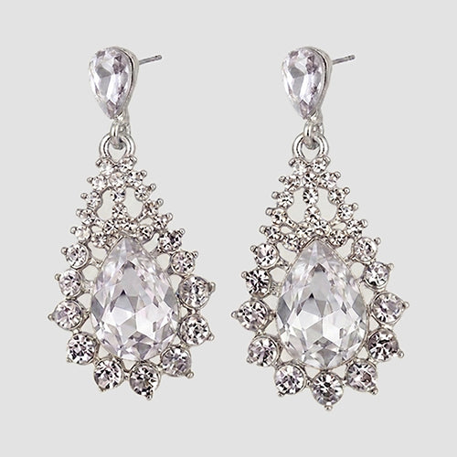 Teardrop Cluster Drop Earrings in Silver/Clear