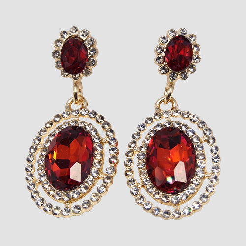Oval Halo Drop Earrings in Gold/Red