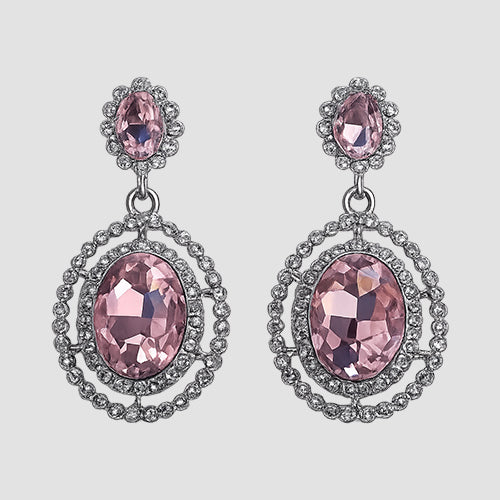 Oval Halo Drop Earrings in Silver/Pink
