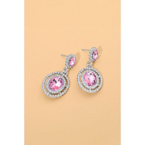 PKE1596 Oval Halo Drop Earrings in Silver/Pink