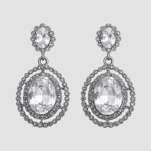 Oval Halo Drop Earrings in Silver/Clear