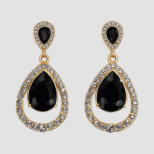 Teardrop Halo Rhinestone Drop Earrings in Gold/Black