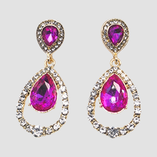 Teardrop Halo Rhinestone Drop Earrings in Gold/Pink