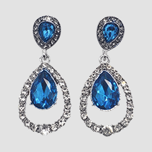 Teardrop Halo Rhinestone Drop Earrings in Silver/Blue