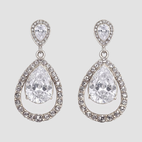 Teardrop Halo Rhinestone Drop Earrings in Silver/Clear