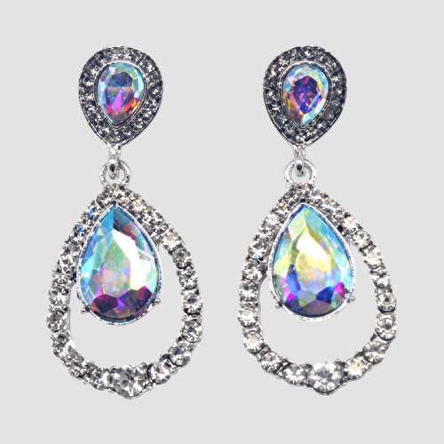 Teardrop Halo Rhinestone Drop Earrings in Silver/Multi