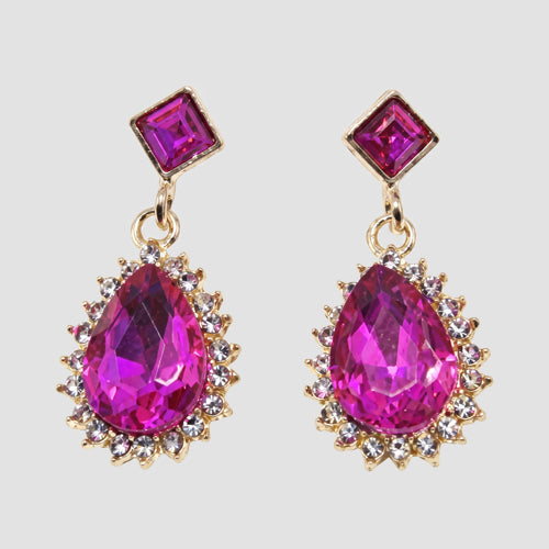 Teardrop Crystal Drop Evening Earrings in Gold/Pink