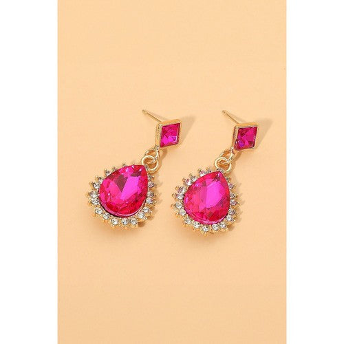 PKE1598 Teardrop Crystal Drop Evening Earrings in Gold/Pink