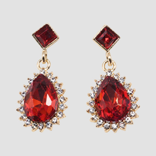 Teardrop Crystal Drop Evening Earrings in Gold/Red