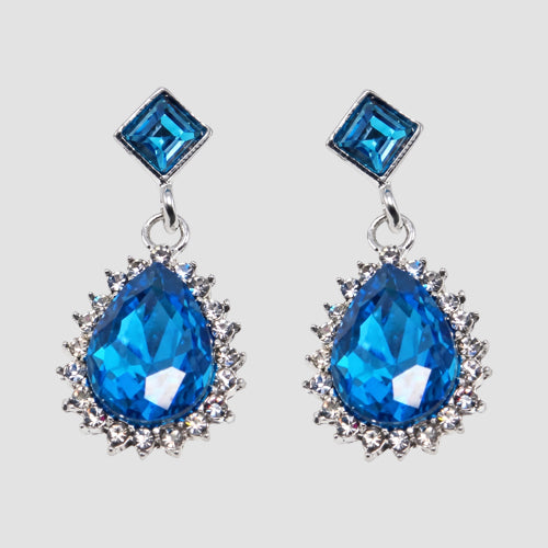 Teardrop Crystal Drop Evening Earrings in Silver/Blue
