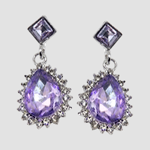 Teardrop Crystal Drop Evening Earrings in Silver/Purple