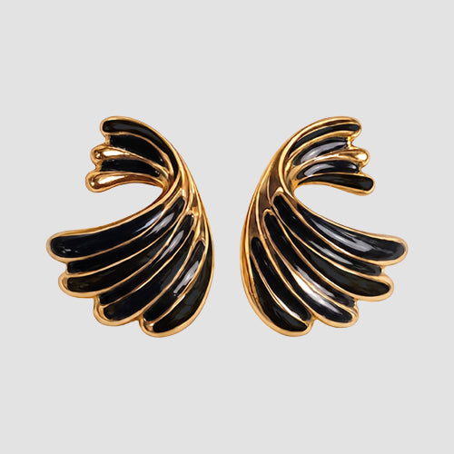 Enamelled Fan Earrings in Gold/Black