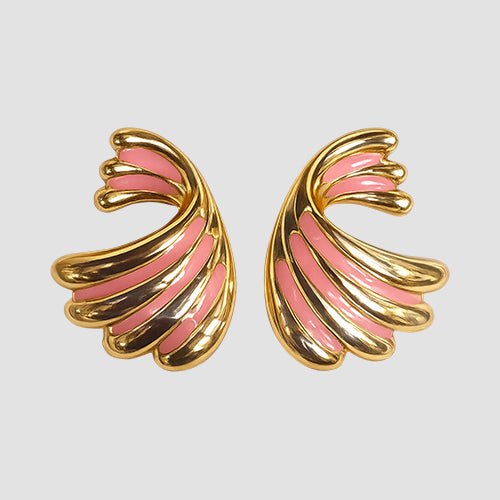 Enamelled Fan Earrings in Gold/Pink