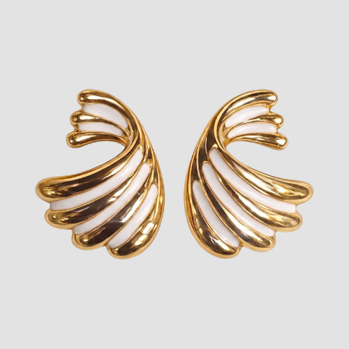 Enamelled Fan Earrings in Gold/White