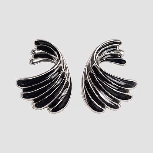 Enamelled Fan Earrings in Silver/Black