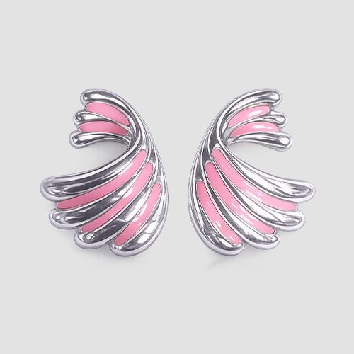 Enamelled Fan Earrings in Silver/Pink