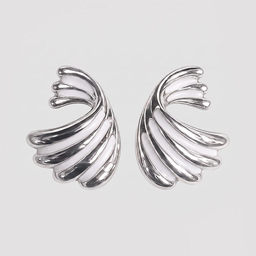 Enamelled Fan Earrings in Silver/White