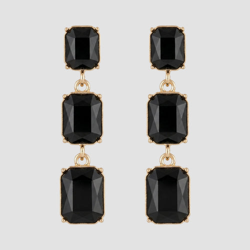 Triple Cushion Cut Stone Drop Earrings in Gold/Black
