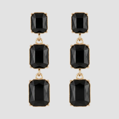 Triple Cushion Cut Stone Drop Earrings in Gold/Black